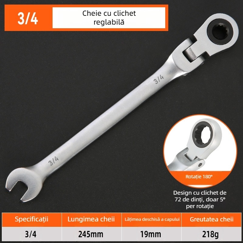 Cheie cu ratchet cu utilizare dublă, dimensiune imperială, ratchet fix, oțel crom-vanadiu lustruit