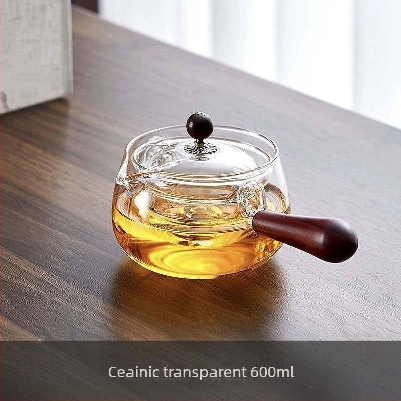 Ceainic cu mâner lateral rotativ la 360°, din sticlă borosiliată rezistentă la temperaturi înalte, pentru ceaiuri florale, set special pentru ceai de mandarină