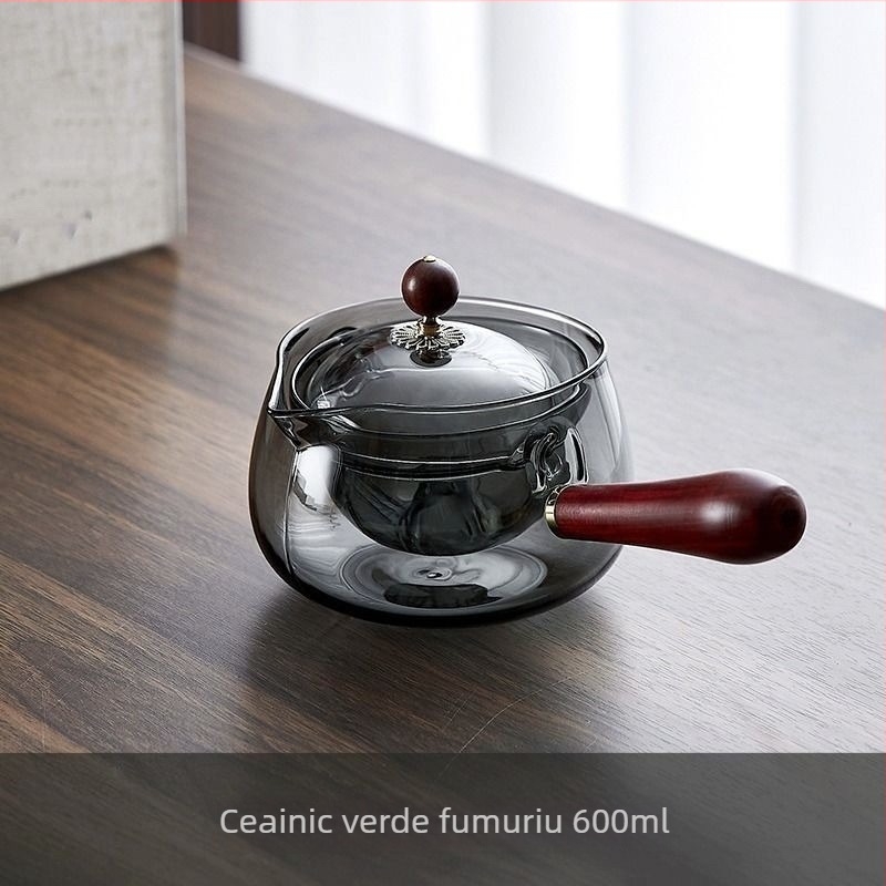 Ceainic cu mâner lateral rotativ la 360°, din sticlă borosiliată rezistentă la temperaturi înalte, pentru ceaiuri florale, set special pentru ceai de mandarină