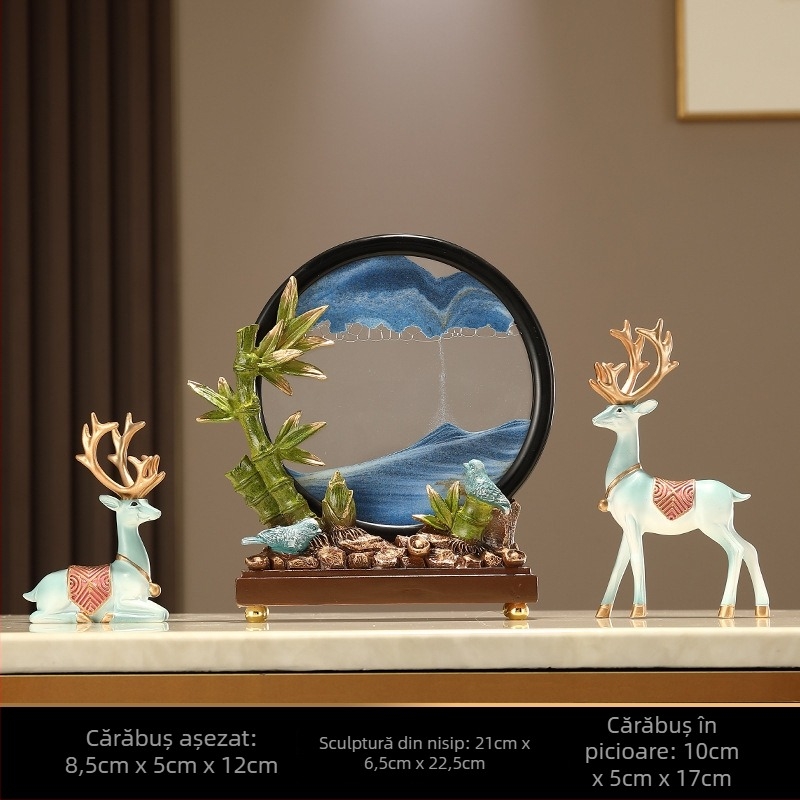 Ceas din bambus cu nisip curgător și pictură cu nisip – decorativ pentru living, hol, comodă TV, birou