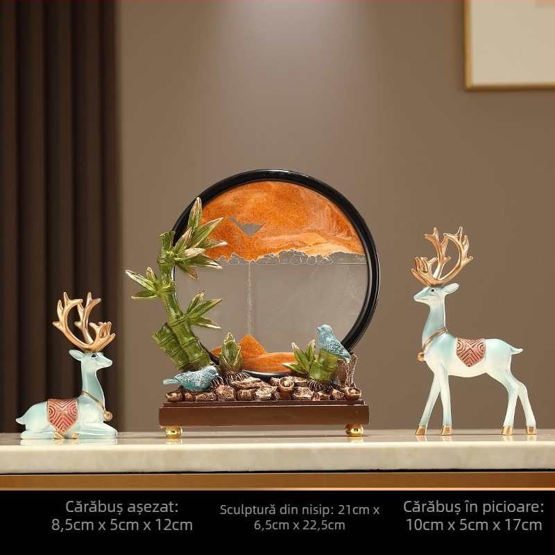 Ceas din bambus cu nisip curgător și pictură cu nisip – decorativ pentru living, hol, comodă TV, birou