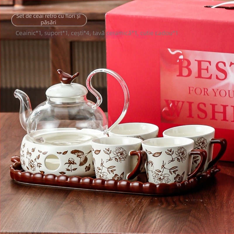 Ceainic ceramic cu flori, încălzire cu lumânare, set de ceai de după-amiază pentru ceai de flori și fructe, cești rezistente la temperatură, set de apă, cutie cadou