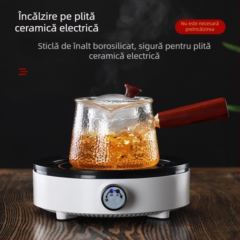 Ceainic din sticlă cu mâner din lemn, rezistent la temperaturi înalte, set de ceai cu flori și filtru