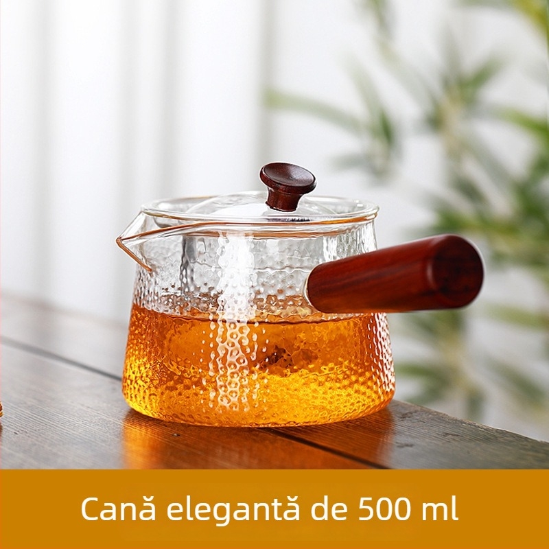 Ceainic din sticlă cu mâner din lemn, rezistent la temperaturi înalte, set de ceai cu flori și filtru