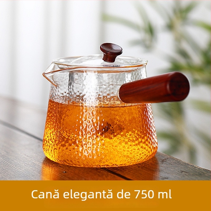 Ceainic din sticlă cu mâner din lemn, rezistent la temperaturi înalte, set de ceai cu flori și filtru