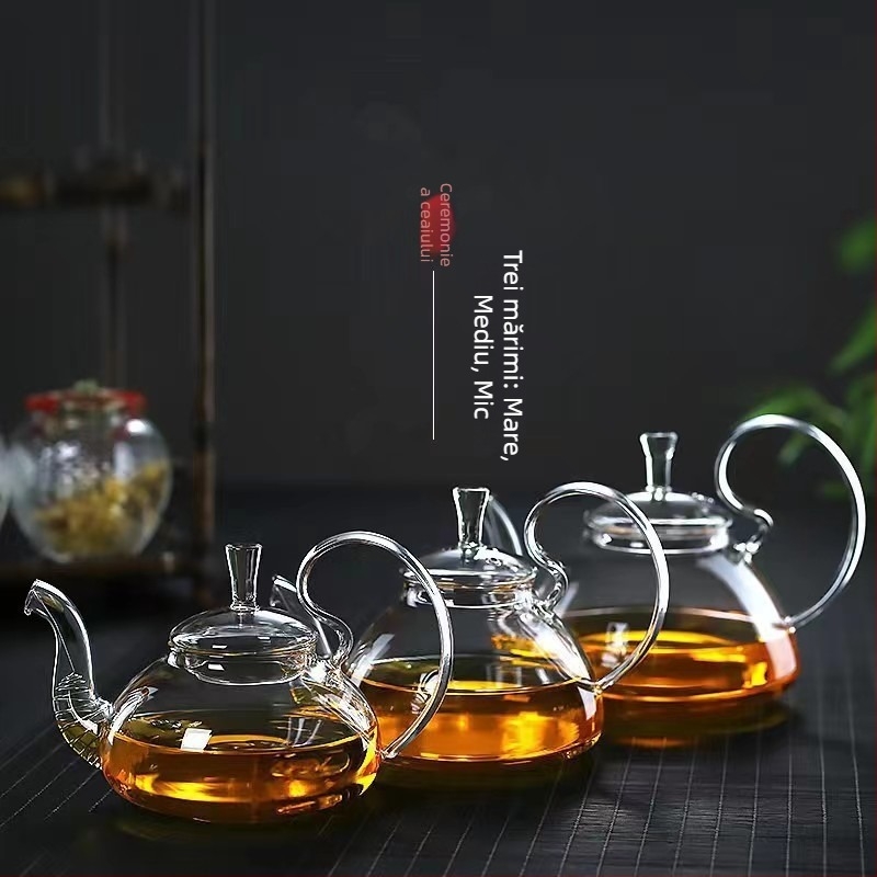 Ceainic din sticlă borosilicat rezistentă la căldură, transparent și cu pereți groși, pentru uz casnic, ceainic pentru ceai de flori, mâner înalt, ceainic Kung Fu