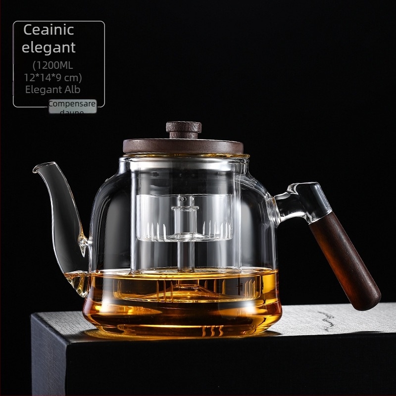 Ceainic din sticlă cu mâner din lemn de nuc, pentru uz casnic, toate într-un singur aparat – plită electrică ceramică pentru prepararea ceaiului și fierberea apei.