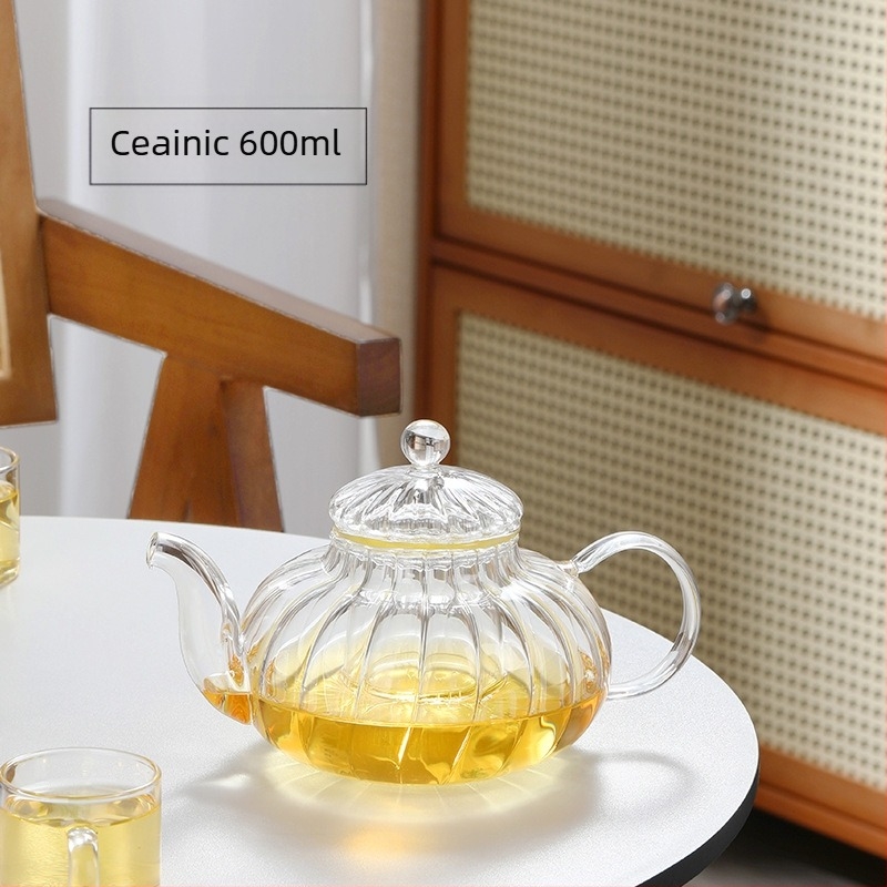 Ceainic cu model floral, design simplu, formă de dovleac, filtrare la temperatură înaltă, sticlă borosilikat, corp gros