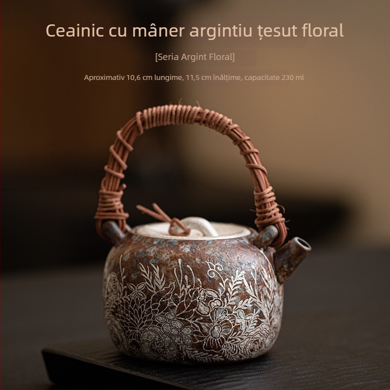 Ceainic din ceramică cu model floral și finisaj argintiu, mâner din ratán, lux retro pentru uz casnic, set Gongfu ceai, o cană