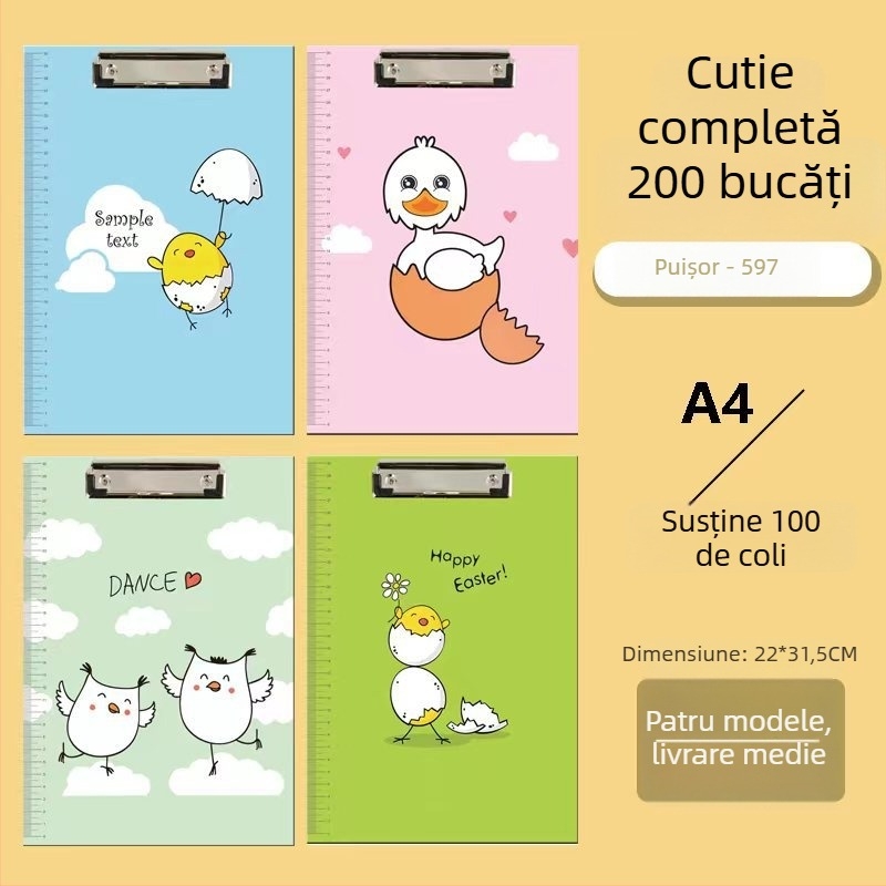 Clipboard pentru studenți cu design Cartoon, clemă din plastic pentru formatul A4 și suprafață de scriere dură