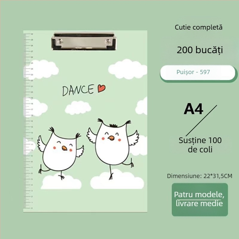 Clipboard pentru studenți cu design Cartoon, clemă din plastic pentru formatul A4 și suprafață de scriere dură