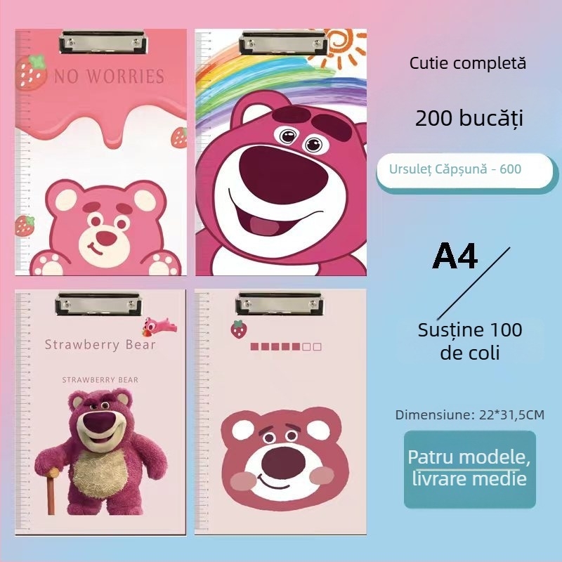 Clipboard pentru studenți cu design Cartoon, clemă din plastic pentru formatul A4 și suprafață de scriere dură