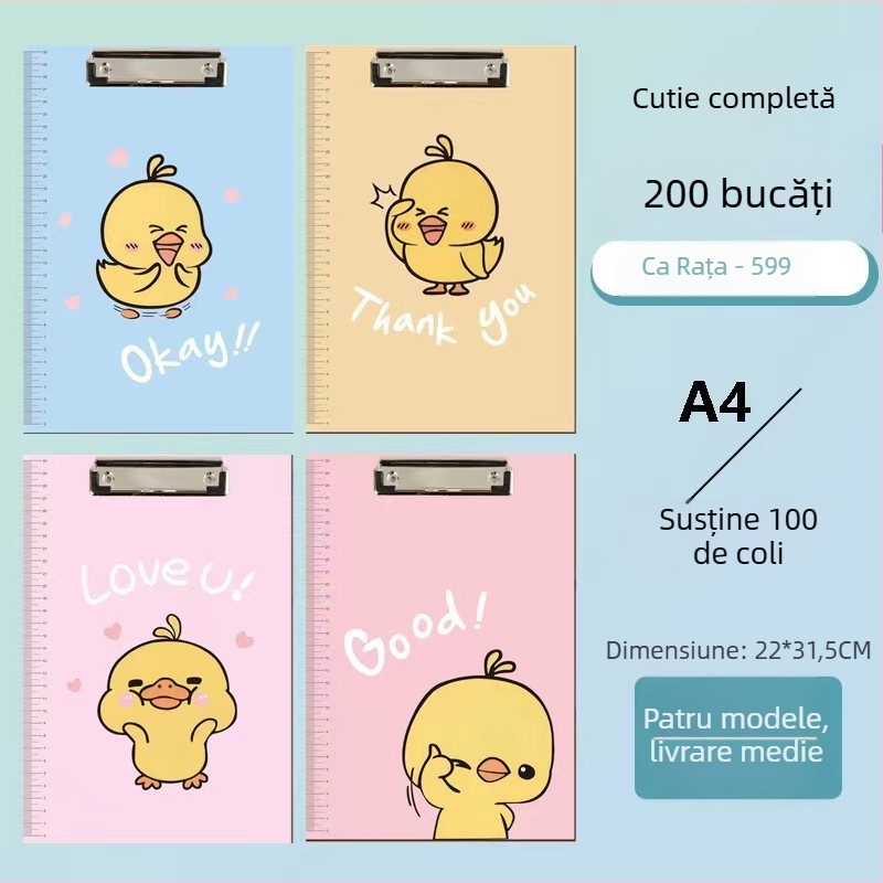 Clipboard pentru studenți cu design Cartoon, clemă din plastic pentru formatul A4 și suprafață de scriere dură