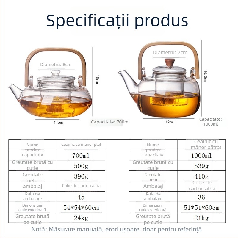 Ceainic din sticlă cu rezistență la temperaturi și mâner pătrat din bambus, pentru uz casnic