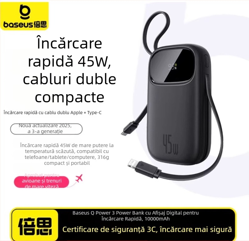 Baseus PD45W power bank, 10000 mAh, compact și portabil, cablu încorporat, încărcare rapidă, cadou cu logo