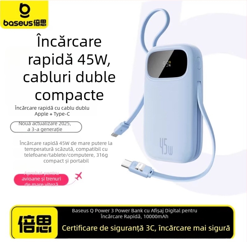 Baseus PD45W power bank, 10000 mAh, compact și portabil, cablu încorporat, încărcare rapidă, cadou cu logo