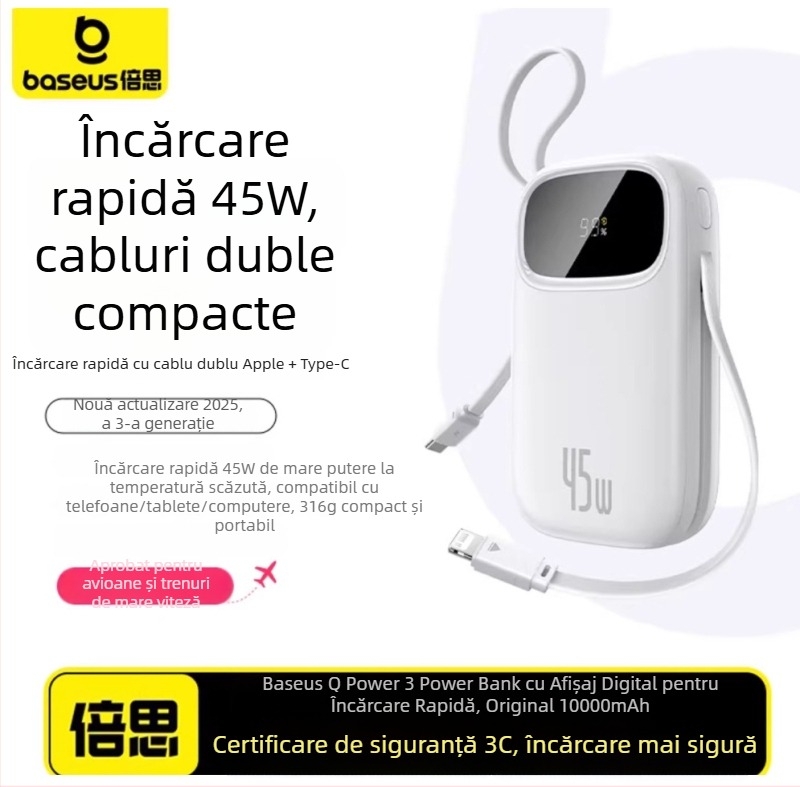 Baseus PD45W power bank, 10000 mAh, compact și portabil, cablu încorporat, încărcare rapidă, cadou cu logo