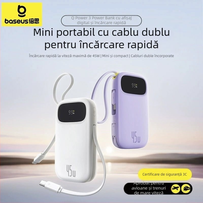 Baseus PD45W power bank, 10000 mAh, compact și portabil, cablu încorporat, încărcare rapidă, cadou cu logo