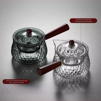 Ceainic din sticlă borosilicată, cu mâner din lemn, filtru pentru infuzie, pentru uz casnic