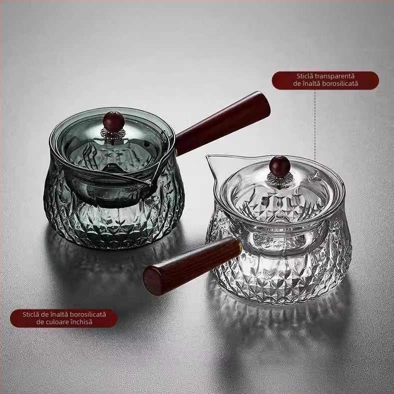 Ceainic din sticlă borosilicată, cu mâner din lemn, filtru pentru infuzie, pentru uz casnic