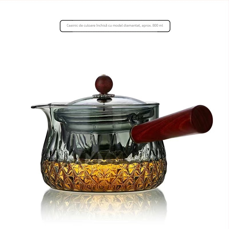 Ceainic din sticlă borosilicată, cu mâner din lemn, filtru pentru infuzie, pentru uz casnic