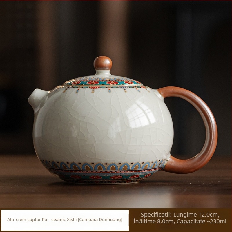 Ceainic bej din ceramică Ru kiln, Dunhuang Baoxiang Xi Shi, cu filtru, cu glazură crăpată, pentru set Gongfu de ceai
