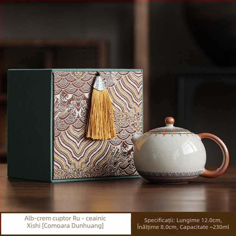 Ceainic bej din ceramică Ru kiln, Dunhuang Baoxiang Xi Shi, cu filtru, cu glazură crăpată, pentru set Gongfu de ceai