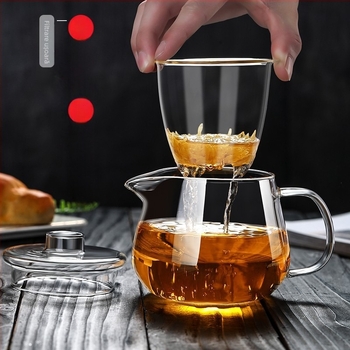Ceainic din sticlă, o singură cană, rezistent la temperaturi înalte, design îngroșat, set ceai cu separare ceai-apă, pentru uz casnic