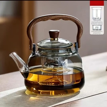 Ceainic din sticlă borosilicată, rezistent la căldură, capacitate mare, cu filtru interior, realizat manual