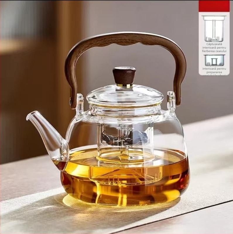 Ceainic din sticlă borosilicată, rezistent la căldură, capacitate mare, cu filtru interior, realizat manual
