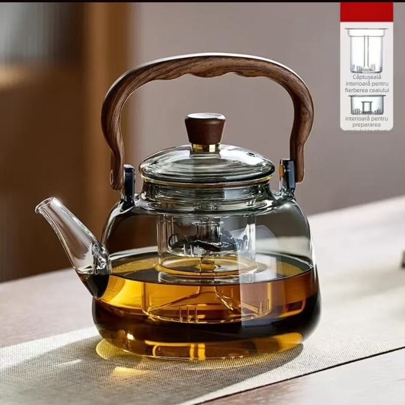 Ceainic din sticlă borosilicată, rezistent la căldură, capacitate mare, cu filtru interior, realizat manual