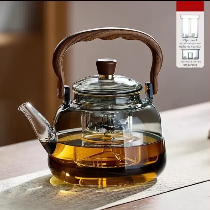 Ceainic din sticlă borosilicată, rezistent la căldură, capacitate mare, cu filtru interior, realizat manual