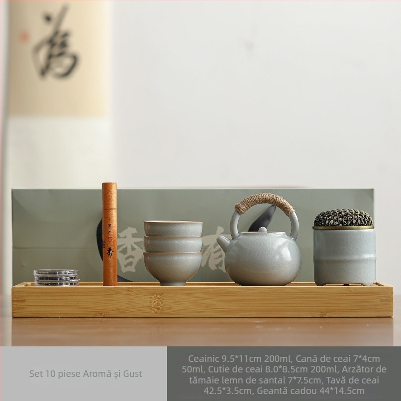 Set de ceai ceramic Gongfu cu tavă din lemn, 3-5 porții, cutie cadou