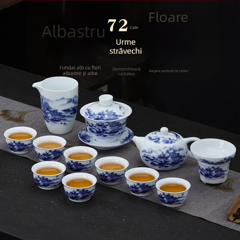 Set de ceai din porțelan albastru‑alb, în cutie cadou, cu ceainic, capac și cești; logo personalizat