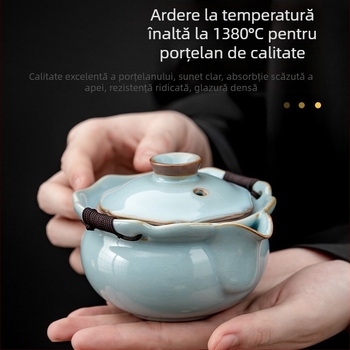 Ceainic Gongfu în stil retro, cu mâner în nuanță celadon, ceramică Ru kilns, capac, volum mare, cadou premium