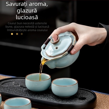 Ceainic Gongfu în stil retro, cu mâner în nuanță celadon, ceramică Ru kilns, capac, volum mare, cadou premium