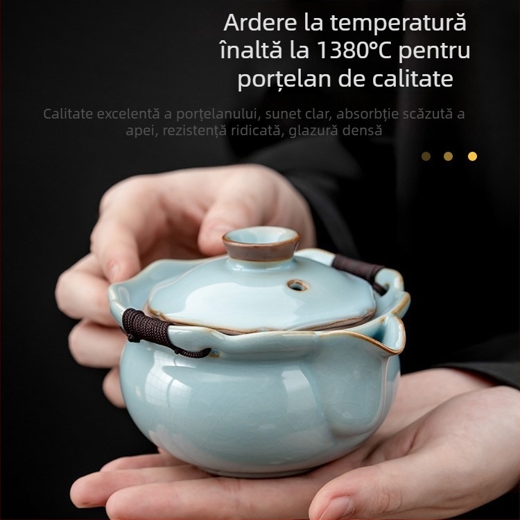 Ceainic Gongfu în stil retro, cu mâner în nuanță celadon, ceramică Ru kilns, capac, volum mare, cadou premium