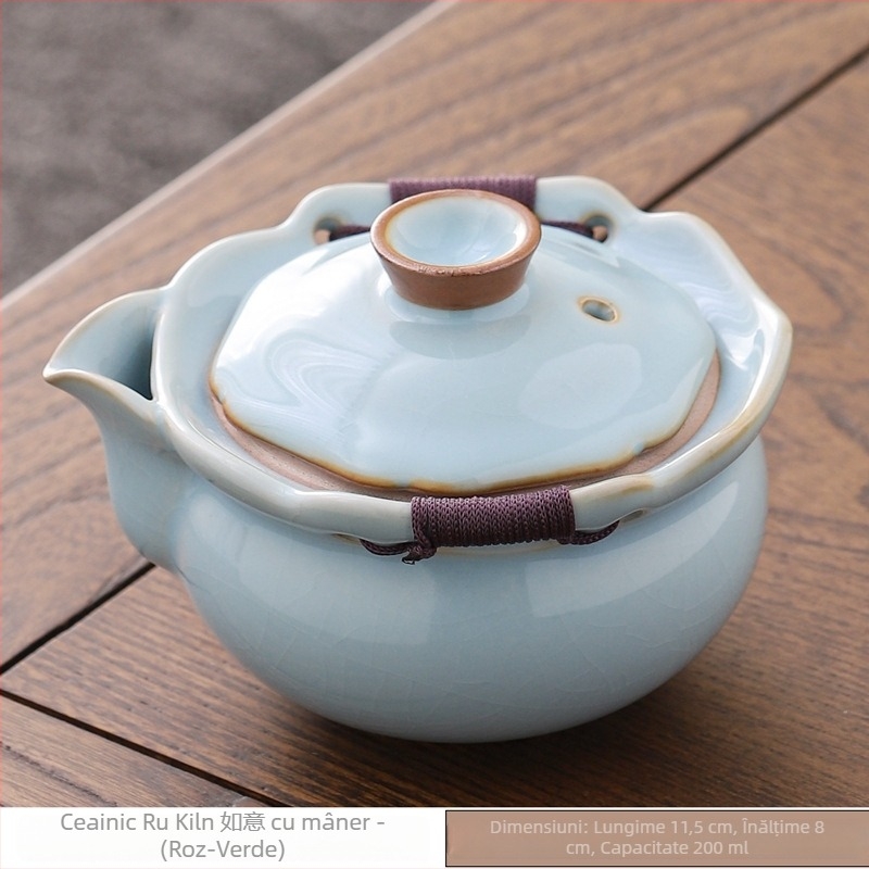 Ceainic Gongfu în stil retro, cu mâner în nuanță celadon, ceramică Ru kilns, capac, volum mare, cadou premium