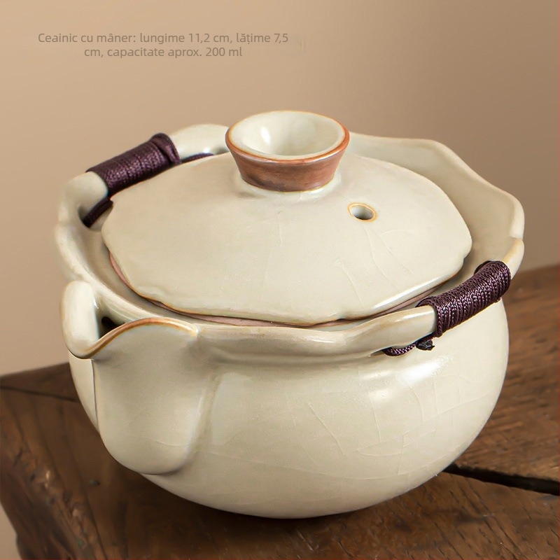 Ceainic Gongfu în stil retro, cu mâner în nuanță celadon, ceramică Ru kilns, capac, volum mare, cadou premium