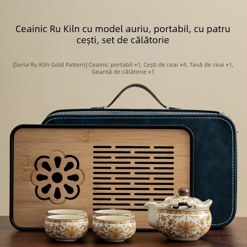 Ruyao Set de Ceai cu Floare de Aur – Binecuvântat, pentru casă, călătorii, mașină și camping – Ceainic și cești