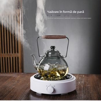 Ceainic din sticlă borosilikat de înaltă rezistență, mâner din nuc negru, lucrat manual, potrivit pentru plită electrică ceramică și flacără deschisă
