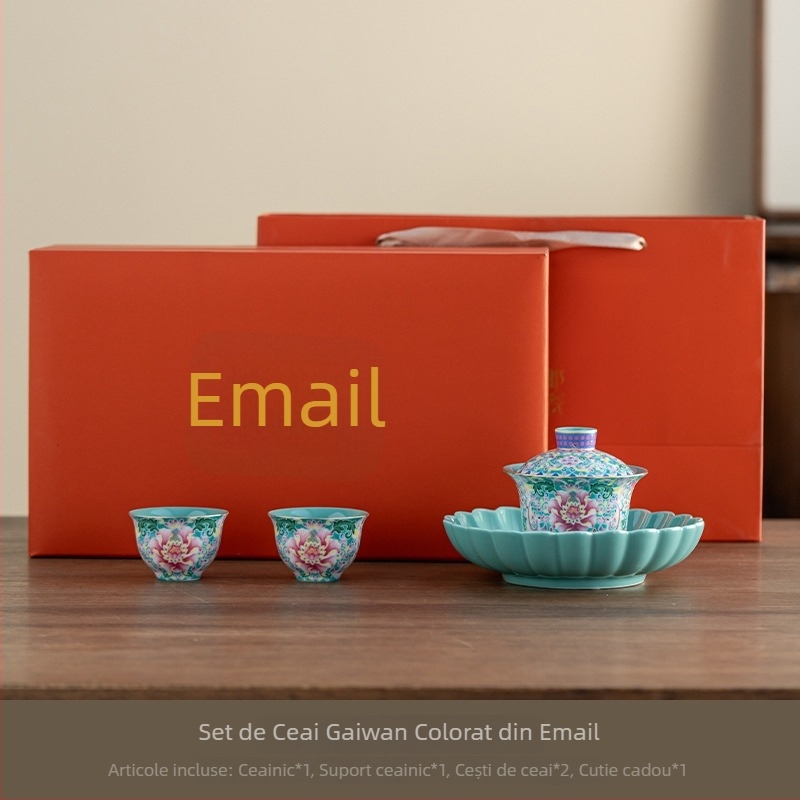 Set de ceai ceramic emailat cu gaiwan, ceainic și două cești, în cutie cadou