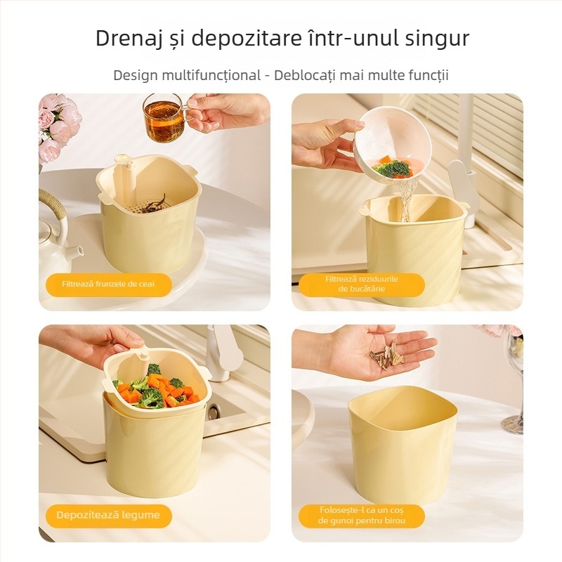 Coș de gunoi de birou cu sistem dublu de drenaj și recipient detașabil pentru apă reziduală, pentru resturi de ceai și resturi de bucătărie