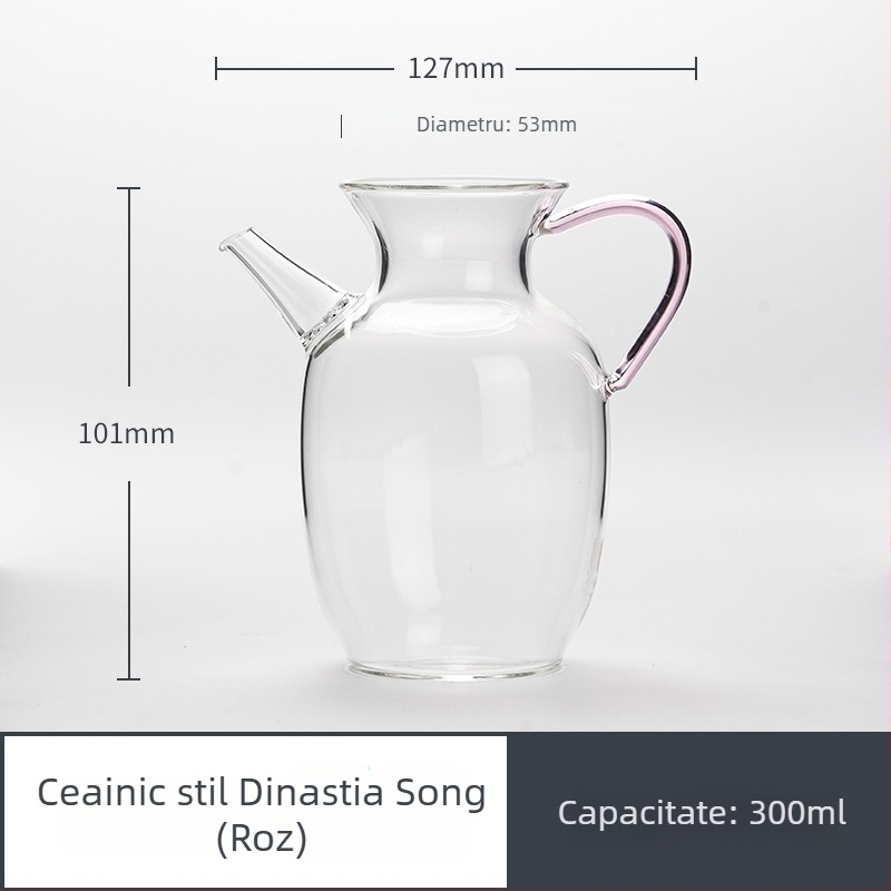 Ceainic minimalist transparent în stil Song, cu mâner, din sticlă borosilicat de înaltă rezistență la căldură.