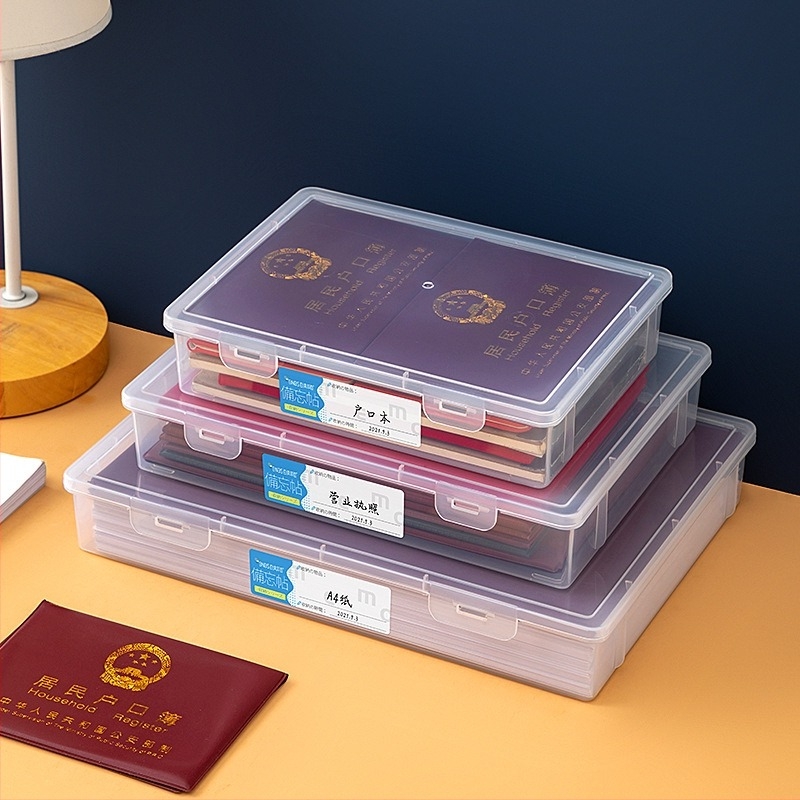Cutie transparentă de stocare A4 pentru birou – cu capac, organizare pentru documente, fișe, teste și certificate; din plastic.