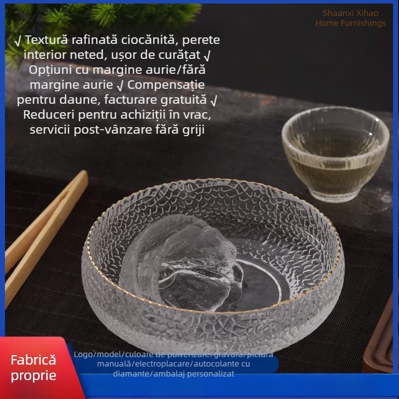 Set din sticlă, stil japonez, cu model ciocănit: bol de salată din sticlă, bol pentru spălat ceai, găleată pentru resturi de ceai, spălător pentru pensule, scrumieră și bol de apă cu margine aurie ciocănită