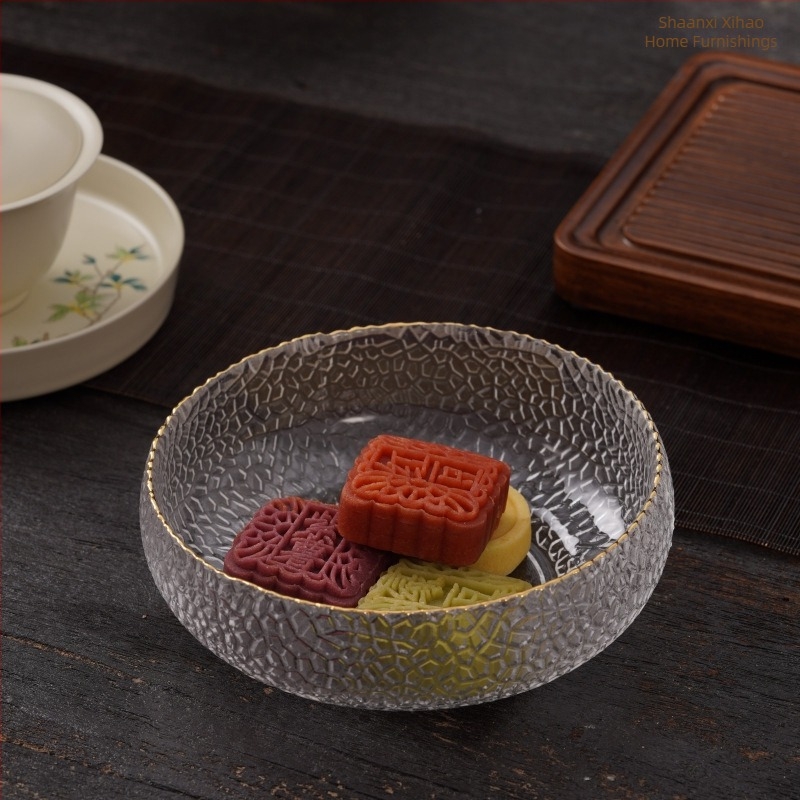 Set din sticlă, stil japonez, cu model ciocănit: bol de salată din sticlă, bol pentru spălat ceai, găleată pentru resturi de ceai, spălător pentru pensule, scrumieră și bol de apă cu margine aurie ciocănită