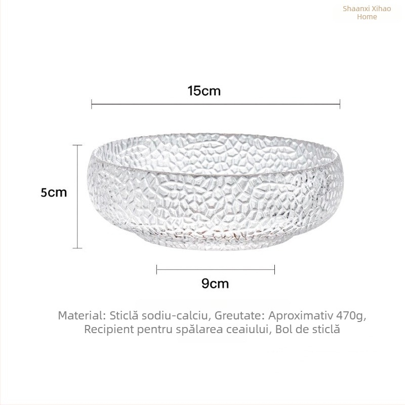 Set din sticlă, stil japonez, cu model ciocănit: bol de salată din sticlă, bol pentru spălat ceai, găleată pentru resturi de ceai, spălător pentru pensule, scrumieră și bol de apă cu margine aurie ciocănită