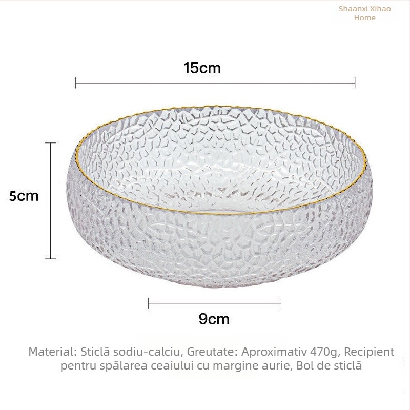 Set din sticlă, stil japonez, cu model ciocănit: bol de salată din sticlă, bol pentru spălat ceai, găleată pentru resturi de ceai, spălător pentru pensule, scrumieră și bol de apă cu margine aurie ciocănită