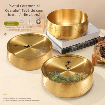 Tava de ceai din alamă pură pentru uz casnic, suport circular pentru ceai Kung Fu, tavă pentru infuzare uscată și spălarea ceaiului, stil național, lucrată manual